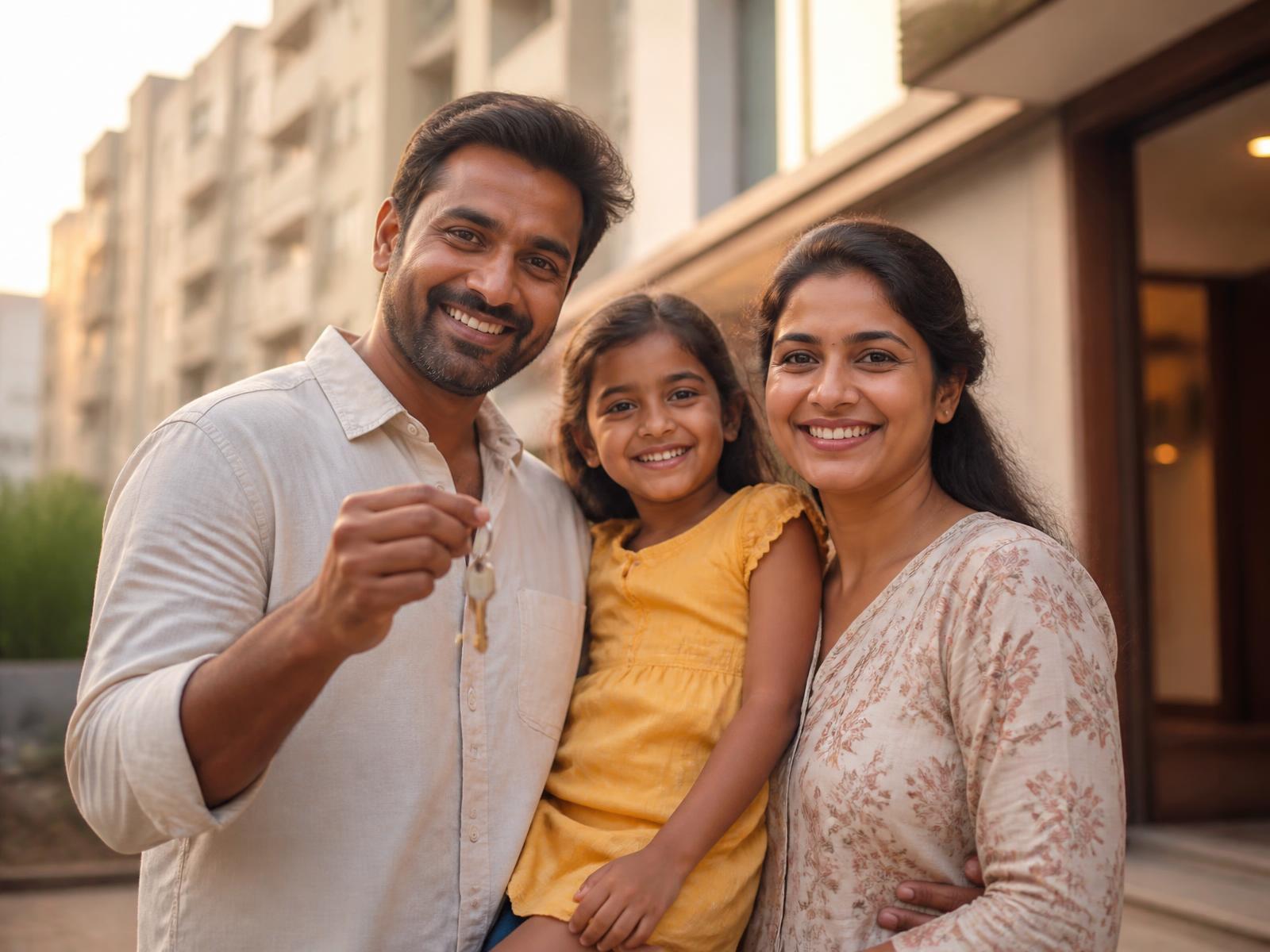 Family holding keys to their new home after getting a home loan in Mumbai